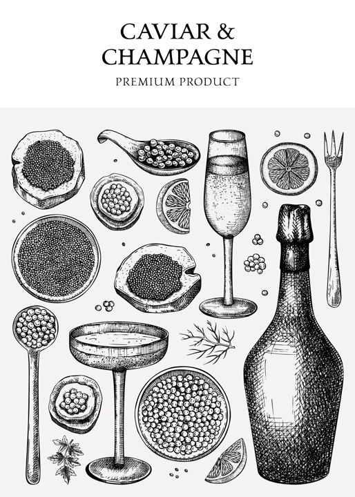 Caviar and champagne vintage design. Hand drawn menu template with red caviar canape, canned black caviar, sparkling wine bottle, glasses sketches. Seafood background in retro style